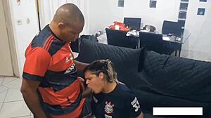 Corinthiana versus Flamenguista, this football game ends in a sexy challenge with petite Asian and black cock group action.