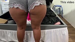 cute mexican wife flashes big ass in panties and shorts while arranging trunk in bedroom