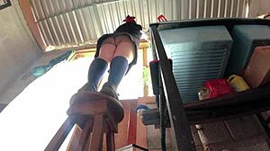 she wears a skirt but can't reach so the big ass mexican colombian student gets recorded under her skirt with hidden voyeur cam spying upskirt