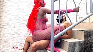 Ebony ass licking leads to outdoor dick riding on stairs