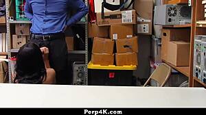 Black Haired Teen 18+ Gets Caught By Loss Prevention Officer And Rides In Doggystyle During Office Interrogation.