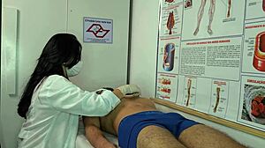 Nurse gets aroused seeing patient erection and starts fingering tight pussy in hospital