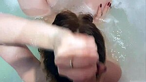 Bathroom Handjob Teases Cum Mask on Long Pigtail Hair