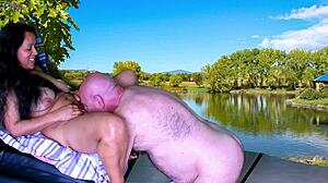 Watch this preview of outdoor sex barbeque with agarabas and olpr! They lick gaping pussy and creampie in public with big natural tits.