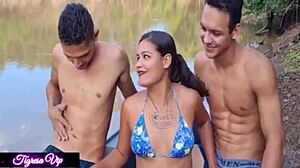 two hung guys stuff tigresa vip's ass while her favorite sister-in-law mia watches