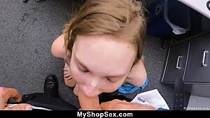 hippie teen claire roos caught shoplifting by lp officer and dominated in office with tight pussy riding