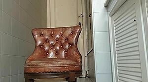 I grab my big cock and head to the bathroom for intense solo masturbation on the armchair