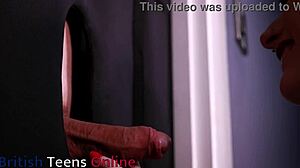 redhead nurse in uniform sucks cock through gloryhole. she swallows cum from patient next door.