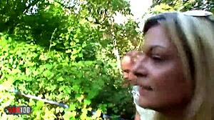 I love cumshot on her big tits after hardcore anal with horny blonde babe outdoors