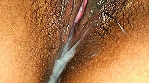 Latina milf shows up close wet pussy with panties aside hairy beaver tight hole and creamy ending after missionary pounding