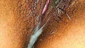 Latina milf shows up close wet pussy with panties aside hairy beaver tight hole and creamy ending after missionary pounding