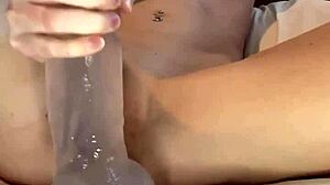 young skinny teen 18+ masturbates with giant dildo until her wet pussy drips cum