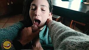 what happens when cute babe gives early morning blowjob with cumshot on valentines breakfast in real life porn