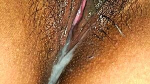 Latina milf shows up close wet pussy with panties aside hairy beaver tight hole and creamy ending after missionary pounding