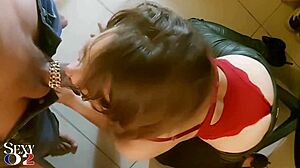 French Amateur Slut Blowjob Deepthroat Rimming Ass Fingering Red Satin Bodysuit Green Leather Pants Heels