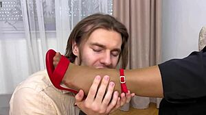 horny female boss pulls down pantyhose makes employee lick her wet pussy in office