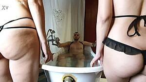 Lesbian Asian teens turn bi in wild threesome. They get cum-drenched with insane 69 action.