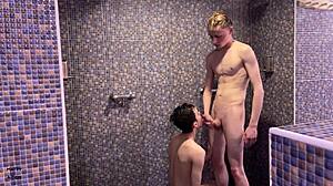 Twinks Boldly Suck Massive Dicks in Crowded Public Gym Shower Before Intense Bedroom Action.