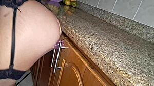 sexy maid gets horny cleaning kitchen in lingerie and ends up masturbating with feet fetish in homemade video