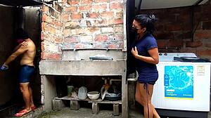 Horny neighbor bursts into my bathroom for intense squirting orgasm with big tits Latina milf action