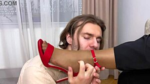 horny female boss pulls down pantyhose makes employee lick her wet pussy in office