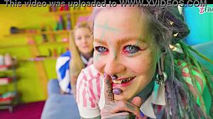 Alternative sluts in costumes take double penetration with facefucking and facial cumshots in rough 4-some