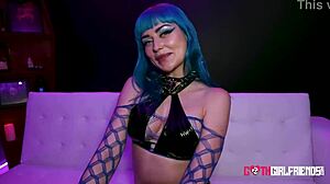 busty goth girl jewelz blu in fishnets and miniskirt squirts during rough doggystyle fucking with hard big cock. she moans in cowgirl on bed for quickie.
