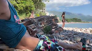 Public Dick Flashing On The Beach Leads To Skinny Girl Helping With A Handjob Cum Finish