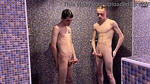 Twinks Boldly Suck Massive Dicks in Crowded Public Gym Shower Before Intense Bedroom Action.