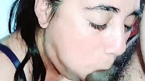 Latina milf sucks cock and gets fucked doggystyle with cumshot in mouth homemade