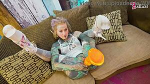 Anal Solo Tattoo Girl Plays With XL Dildo In Sexy Fishnets Highheels Stockings!