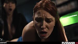 Asian futa ladyboy fucks redhead with creampie and shemale cumshots