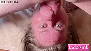 oh man this submissive slut gets her face slapped hard during deepthroat face fucking with choking and gagging in homemade bondage