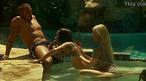 beautiful outdoor threesome in a pool, i lovee watching them cum on heels...