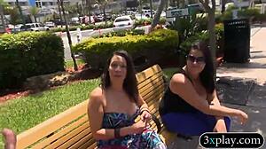 two sexy women casually flash big boobies outdoors for quick cash in public reality