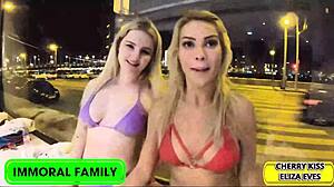 Siblings sex olympics features cherry's squirting against eliza's deepthroat in bedroom threesome action 😏