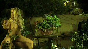 Outdoor sex scene with horny blonde girlfriend stripping clothes and undressing in classic retro style