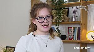 ersties luna uses dildo and vibrator on shaved pussy with glasses and piercing in solo masturbation