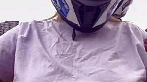 Motogirl grabs passenger, begs him to rub her hard nipples while riding—his cock throbs and explodes all over her!