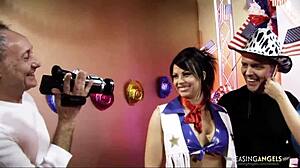 Brunette Milf with Big Tits Sucks Cocks in 4some! Licking Pussy, Riding Cowgirl, Doggystyle Banging Leads to Cum on Tits!