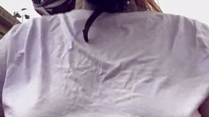 Motogirl grabs passenger, begs him to rub her hard nipples while riding—his cock throbs and explodes all over her!