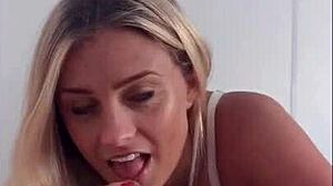 amazing titty fuck boobjob with blonde roommate leads to deepthroat handjob and creampie in bedroom