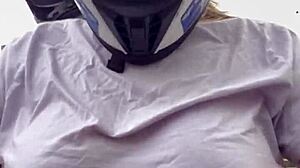 Motogirl grabs passenger, begs him to rub her hard nipples while riding—his cock throbs and explodes all over her!