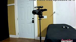 Petite brunette coed Sabrina rubs her tits while sucking hard cock and gets facial cumshot.