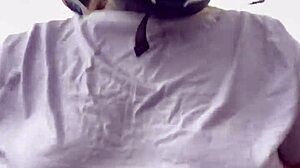 Motogirl grabs passenger, begs him to rub her hard nipples while riding—his cock throbs and explodes all over her!