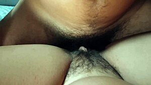 Missionary Rubbing Erect Cock On Hairy Pussy Lips With Big Clit