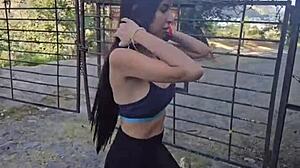 Karol Smith heads to the woods for outdoor fun, and they cum all over her petite tits!