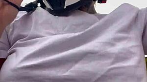 Motogirl grabs passenger, begs him to rub her hard nipples while riding—his cock throbs and explodes all over her!