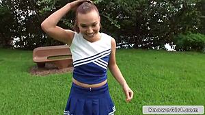Busty Cheerleader Flashes Big Tits Outdoor In Hardcore Couple Action With Girlfriend Pounding Her!
