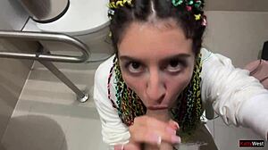 Skinny brunette teen blowjob in public toilet cumwalk